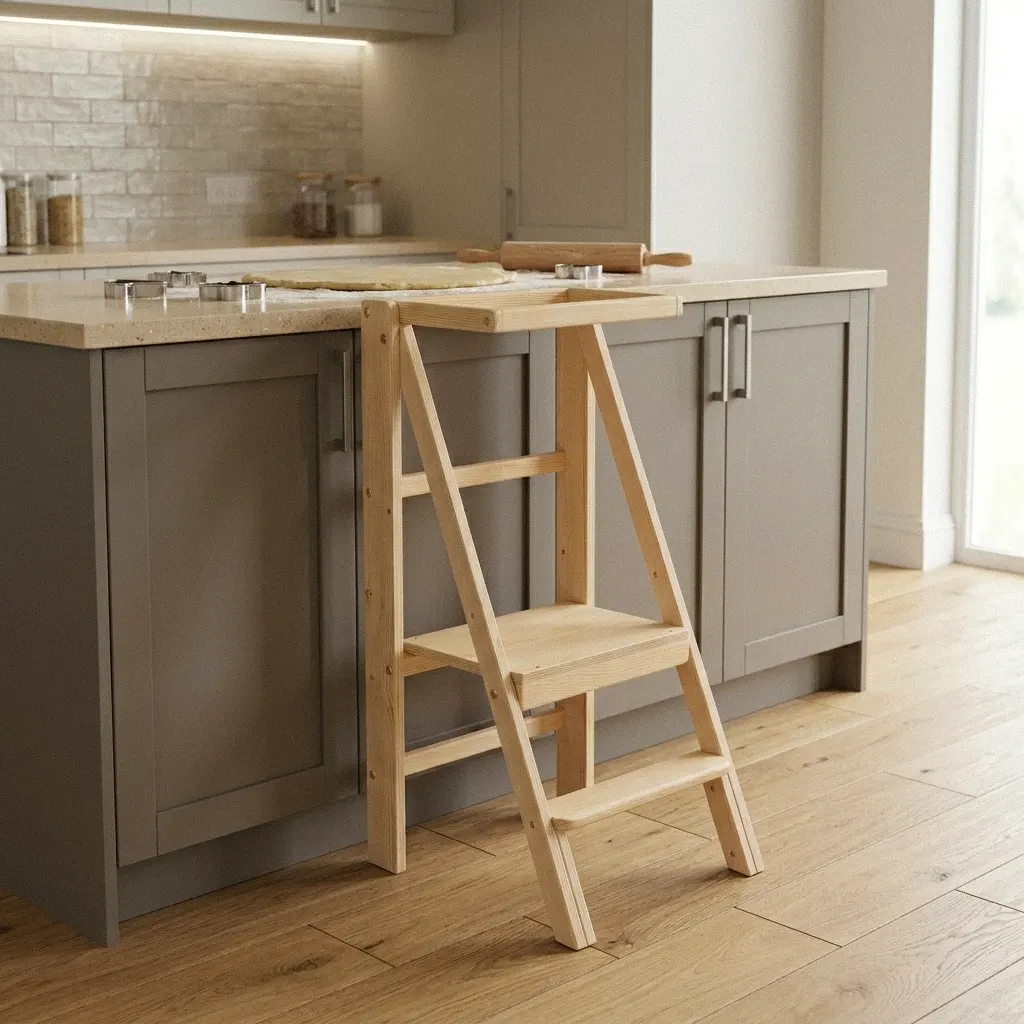 Torre montessori in legno Slim Authentik aperta al piano di lavoro mentre si stende la pasta — pedana, gradini e corrimano in legno non trattato, portata 95 kg