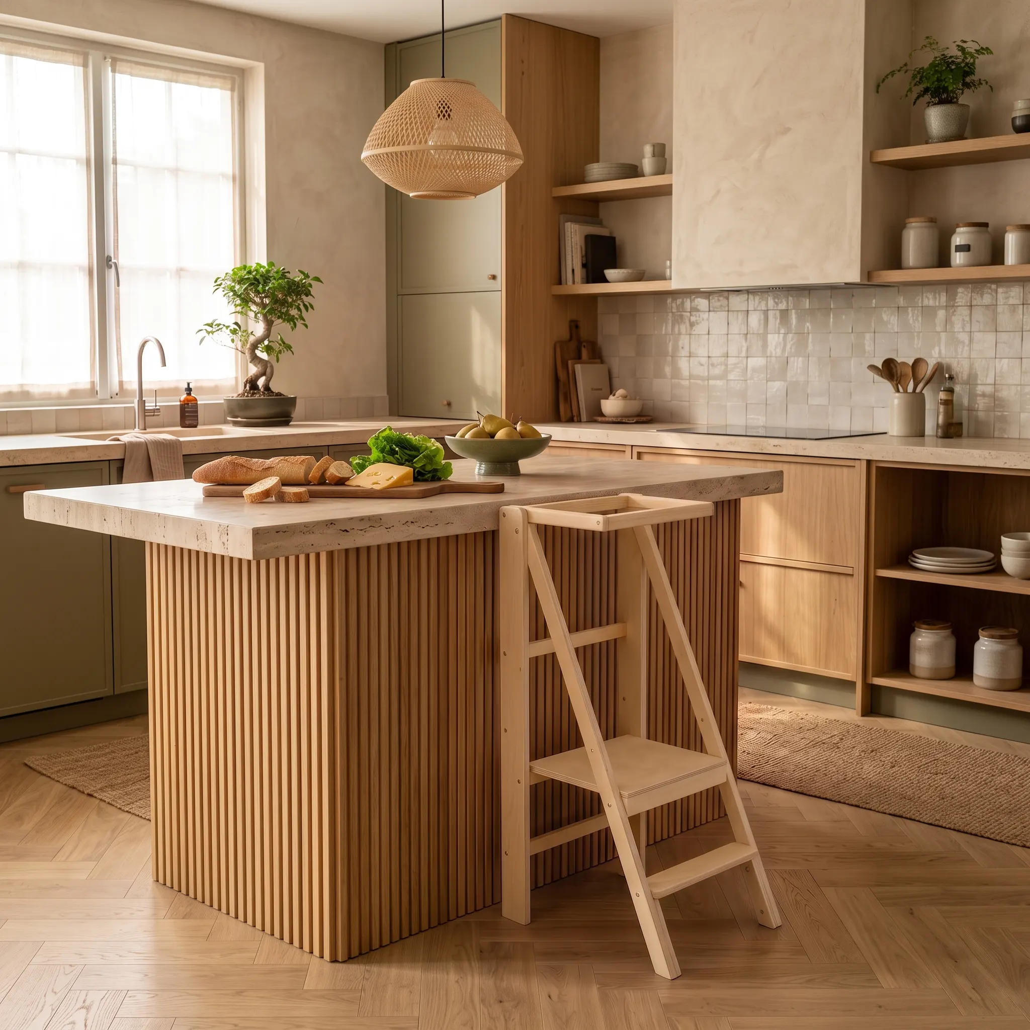 Torre montessoriana Slim Authentik in legno naturale senza vernice, aperta accanto all'isola di una cucina in legno chiaro e travertino — pino massello e betulla baltica non trattati, da 18 mesi