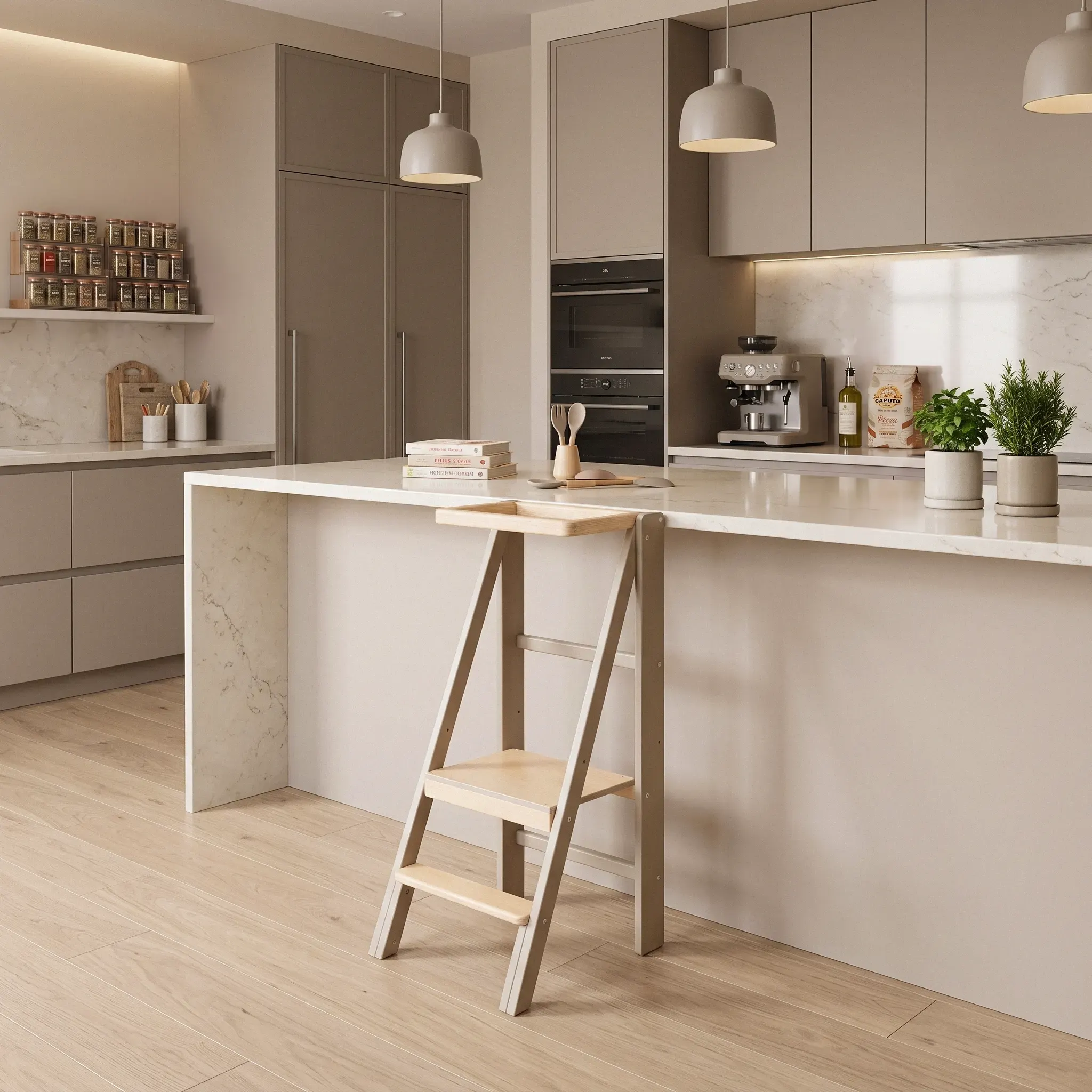 Torre di apprendimento Slim beige Greige multiuso 2 in 1 — torre montessoriana pieghevole per il bambino e sgabello per l'adulto fino a 95 kg, da 18 mesi